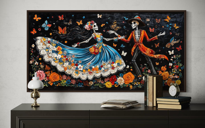 Day of the Dead canvas wall art featuring two dancing skeletons in vibrant, textured attire.