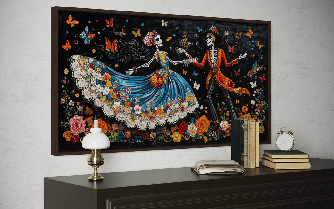 Day of the Dead dancing skeletons canvas wall art featuring vibrant colors and floral details.