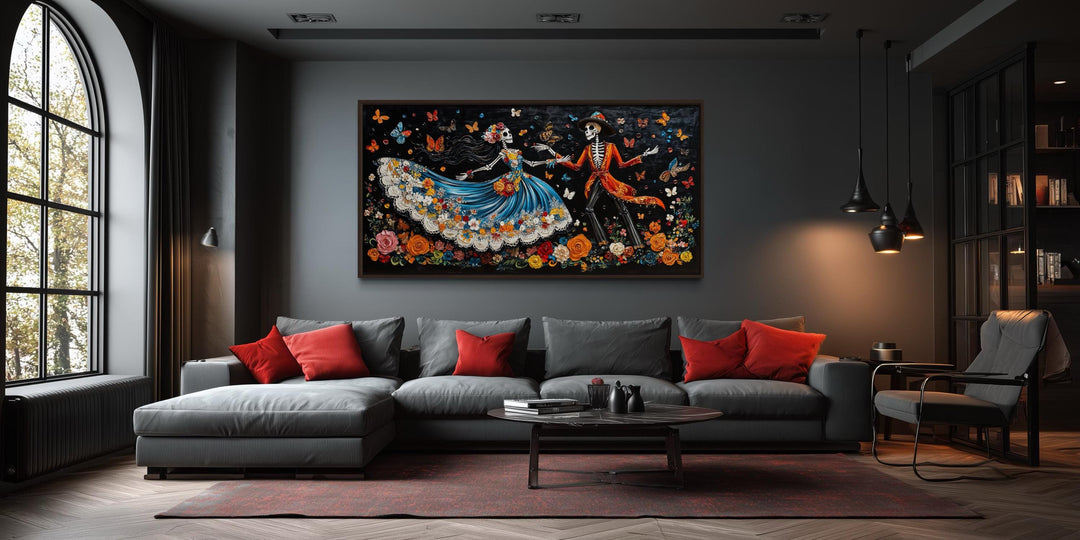 Day of the Dead dancing skeletons canvas wall art in a modern living room setting.