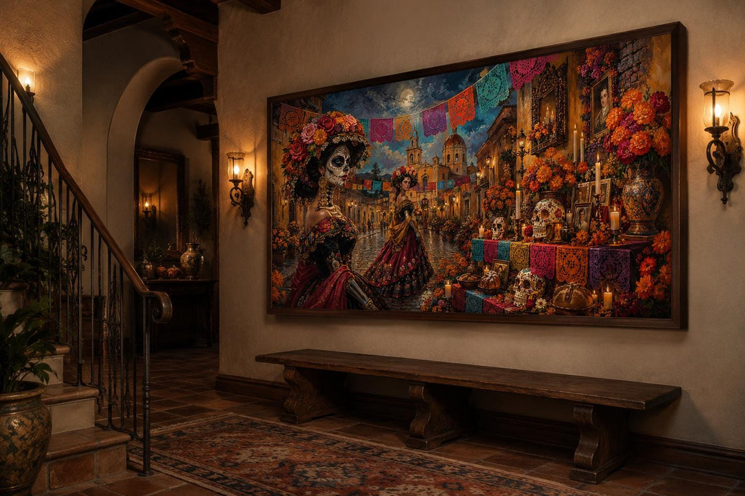 Vibrant Day of the Dead canvas print featuring Catrina figures and an altar in a warm hallway.