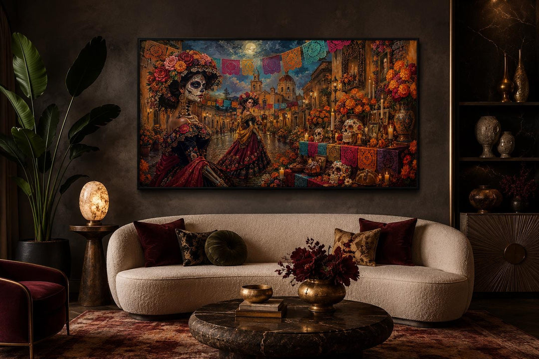 Day of the Dead Catrina wall art canvas print in a dark, elegant living room setting.