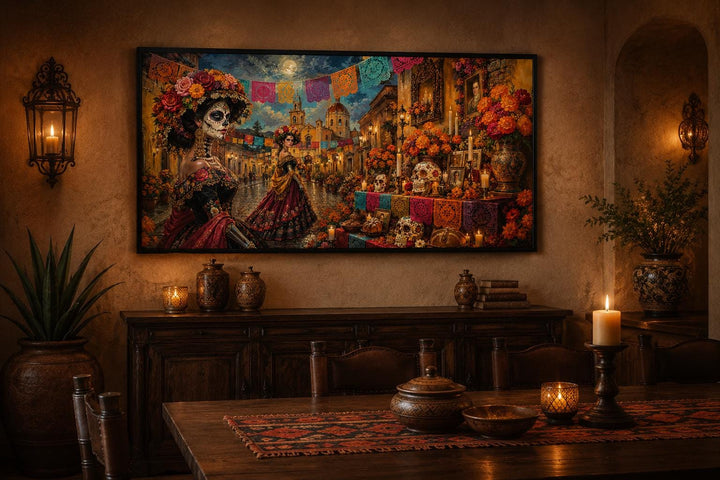 Day of the Dead Catrina wall art canvas print in a warm, candlelit dining room setting.