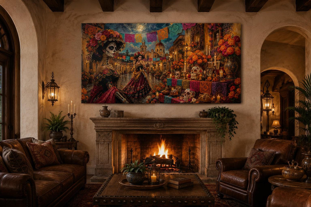 Day of the Dead Catrina wall art canvas print hanging above a fireplace in a rustic living room.