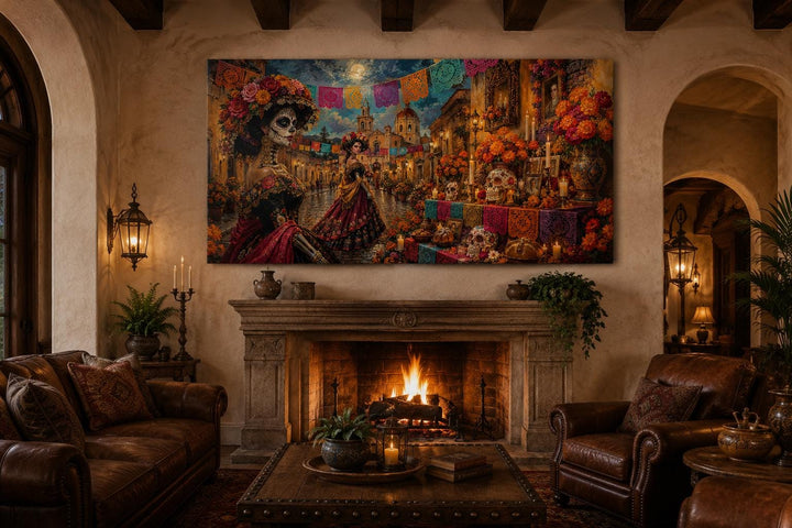 Day of the Dead Catrina wall art canvas print hanging above a fireplace in a rustic living room.