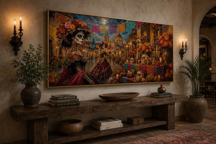 Vibrant Day of the Dead Catrina wall art canvas print in a warm, rustic living room setting.