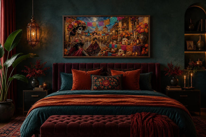 Day of the Dead Catrina wall art canvas print hanging above a bed in a dark, moody bedroom.