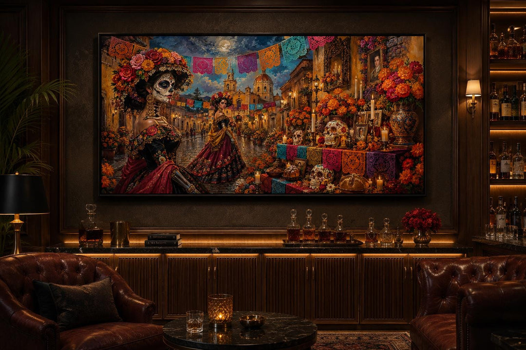 Day of the Dead Catrina wall art canvas print in a dimly lit room with leather chairs.