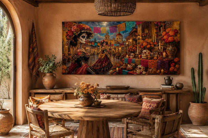 Day of the Dead Catrina canvas print in a rustic dining room with warm wood and terracotta tones.