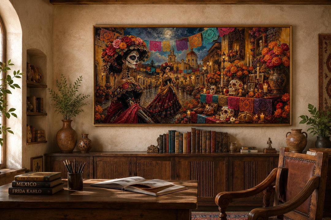 Day of the Dead Catrina wall art canvas print in a warm, rustic room with Mexican folk decor.