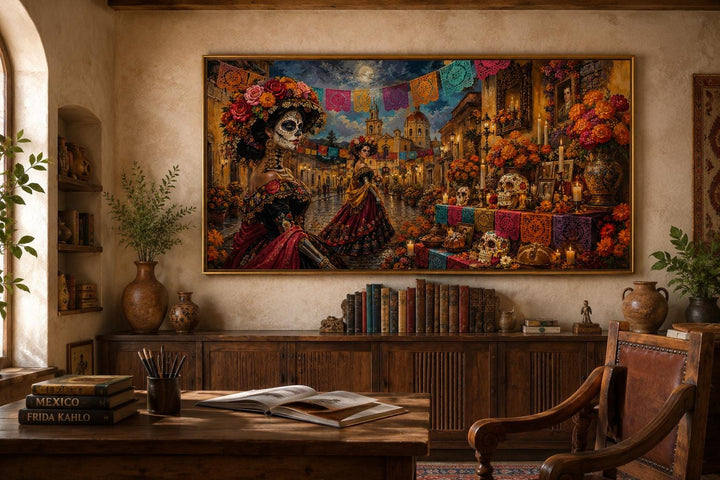 Day of the Dead Catrina wall art canvas print in a warm, rustic room with Mexican folk decor.