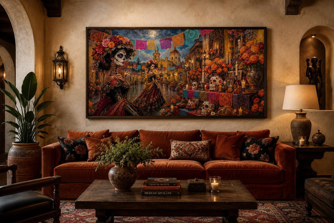 Day of the Dead Catrina wall art canvas print above a rust-colored sofa in a warm living room.