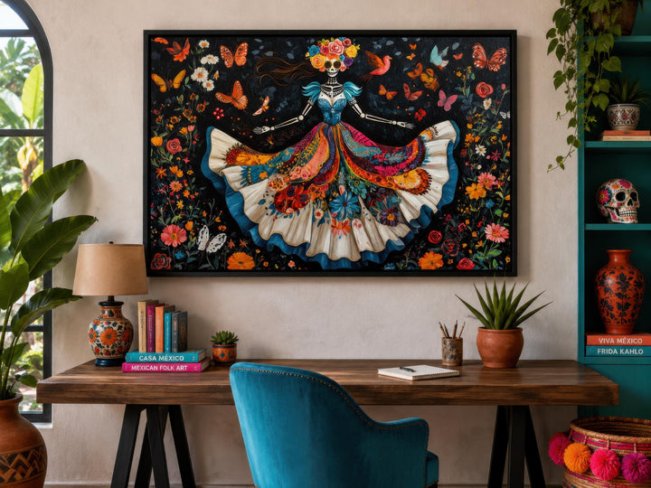 Day of the Dead wall art featuring a dancing Catrina in a vibrant floral dress on canvas.