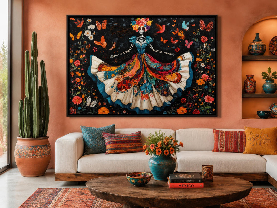 Day of the Dead wall art featuring a dancing Catrina in a vibrant floral dress on a dark canvas.