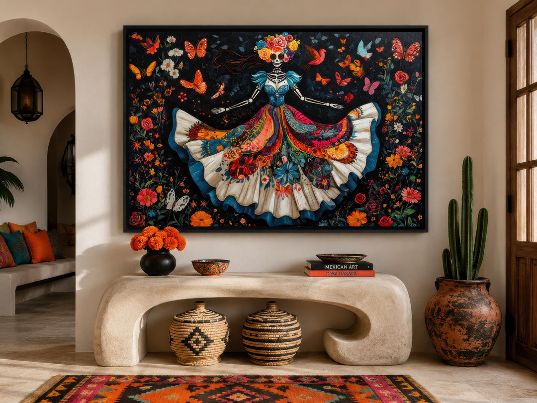 Day of the Dead wall art featuring a dancing Catrina in a vibrant floral dress on canvas.