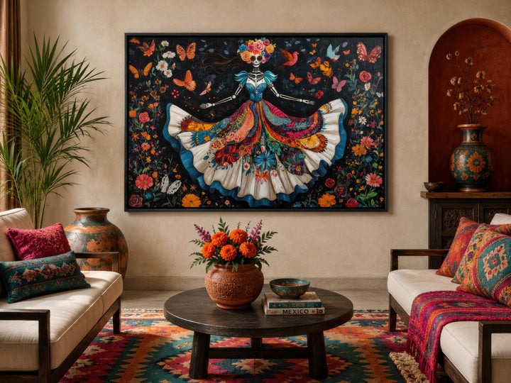 Day of the Dead wall art featuring a dancing Catrina in a vibrant floral dress on a dark canvas.