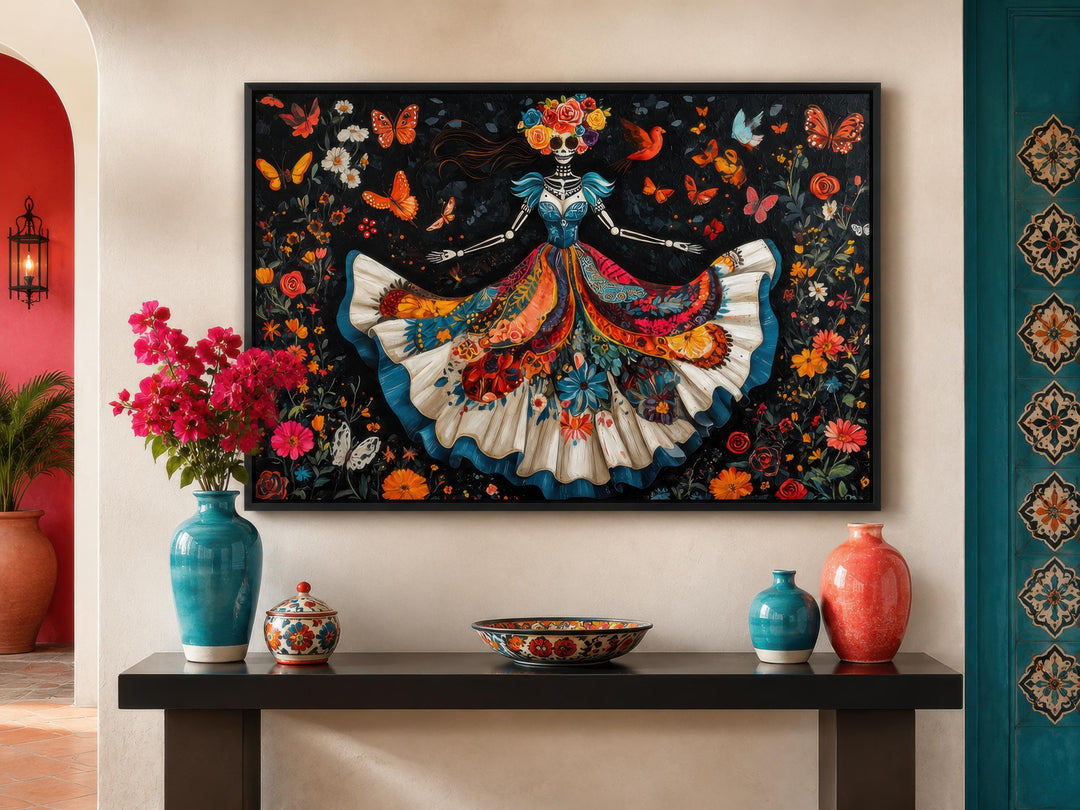 Day of the Dead wall art featuring a dancing Catrina in a vibrant floral dress on canvas.