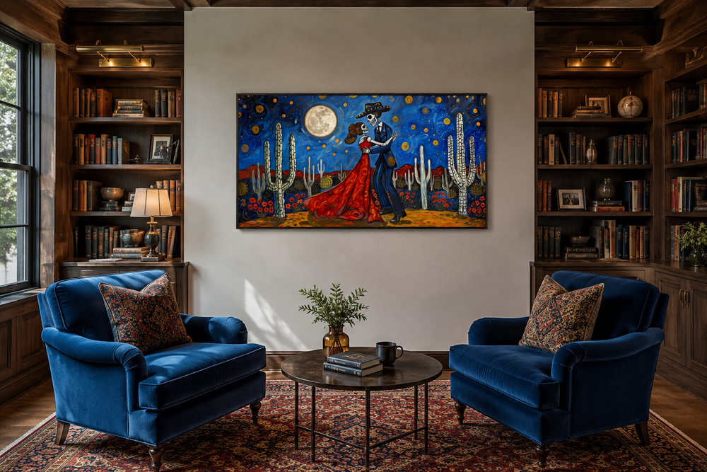Day of the Dead wall art of a skeleton couple dancing in a desert night above two blue armchairs.