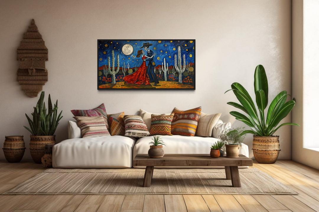 Day of the Dead Wall Art – Mexican Skeleton Couple Dancing Desert Night Painting