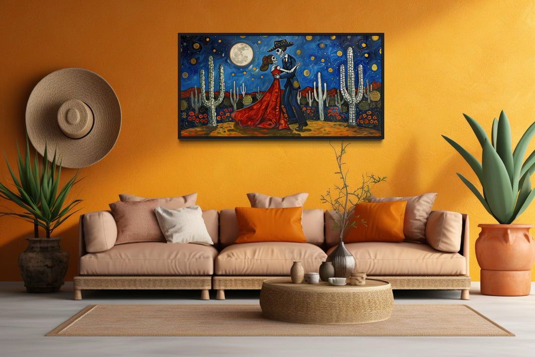 Day of the Dead Wall Art – Mexican Skeleton Couple Dancing Desert Night Painting