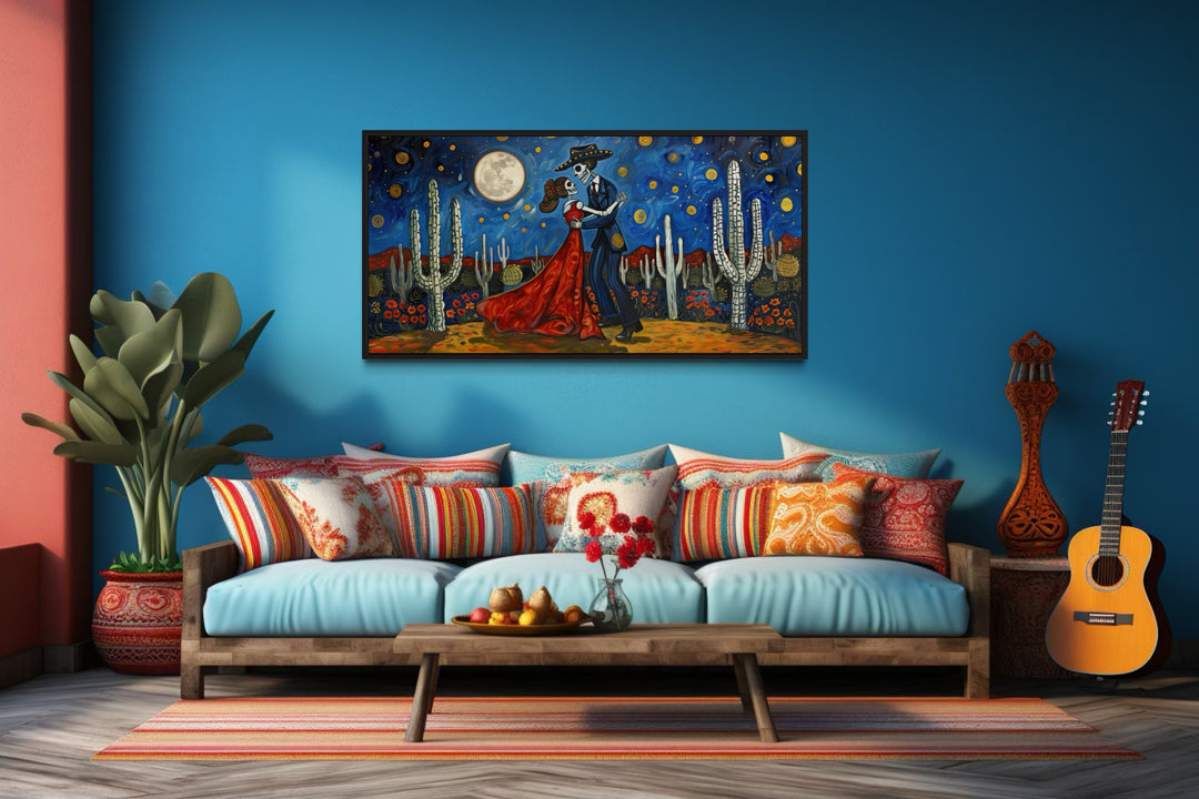 Day of the Dead Wall Art – Mexican Skeleton Couple Dancing Desert Night Painting