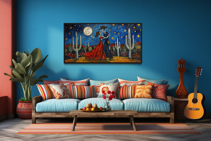 Day of the Dead Wall Art – Mexican Skeleton Couple Dancing Desert Night Painting