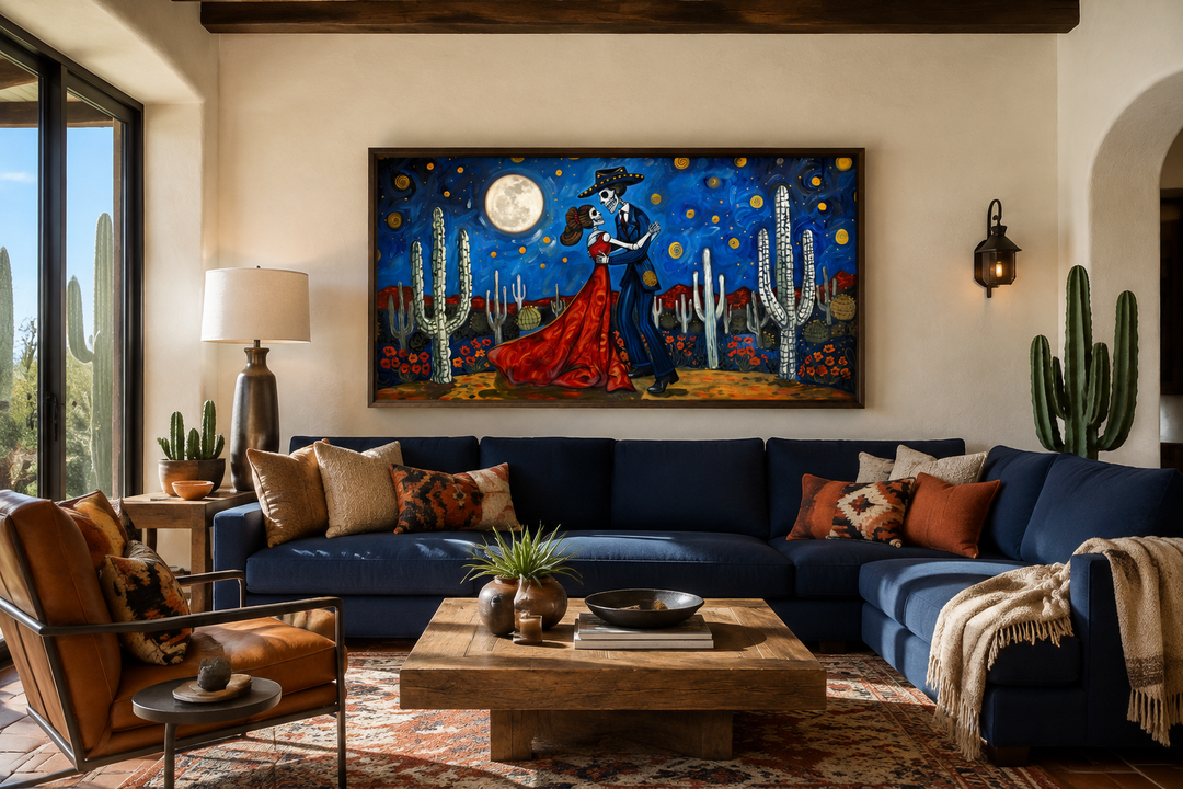 Day of the Dead wall art of a skeleton couple dancing in a desert night above a blue sofa.