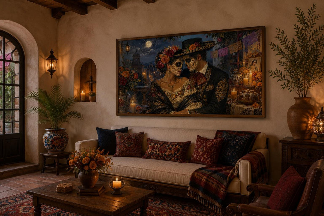 Day of the Dead wall art featuring a romantic sugar skull couple on canvas in a warm living room.