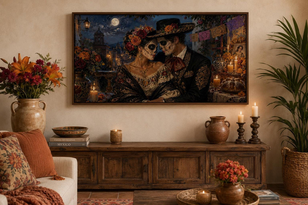 Day of the Dead canvas art of a sugar skull couple in a warm, rustic living room setting.