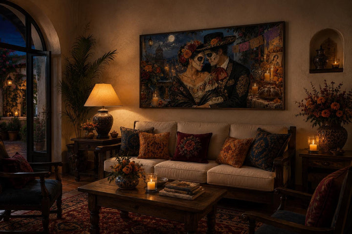 Day of the Dead canvas art featuring a romantic sugar skull couple above a sofa in a living room.