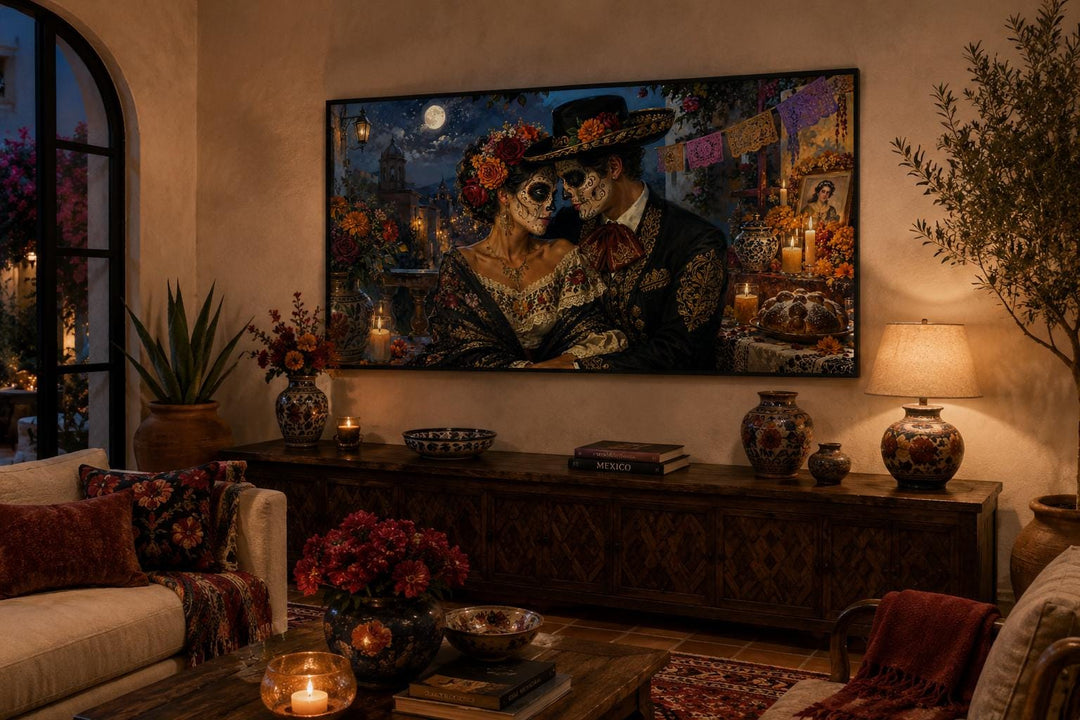 Day of the Dead canvas art featuring a romantic sugar skull couple in a moonlit, candlelit setting.