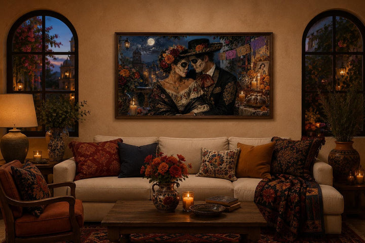 Day of the Dead canvas art of a sugar skull couple hanging above a sofa in a warm living room.