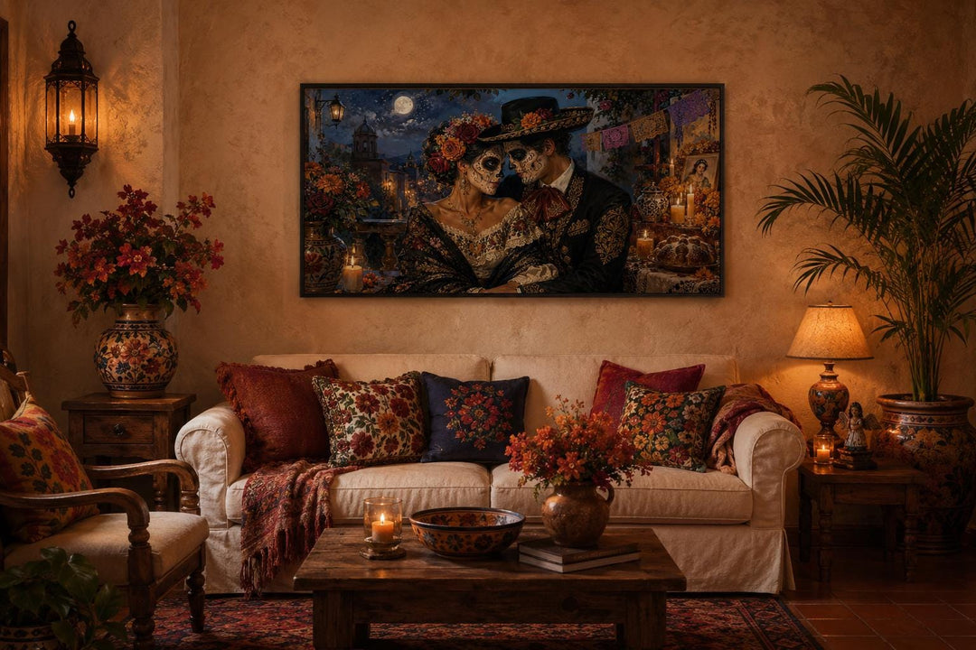 Day of the Dead wall art featuring a romantic sugar skull couple canvas above a living room sofa.