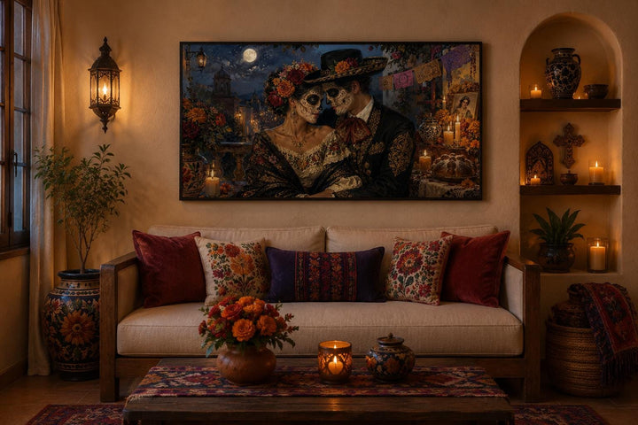 Day of the Dead canvas art featuring a romantic sugar skull couple above a sofa in a warm room.