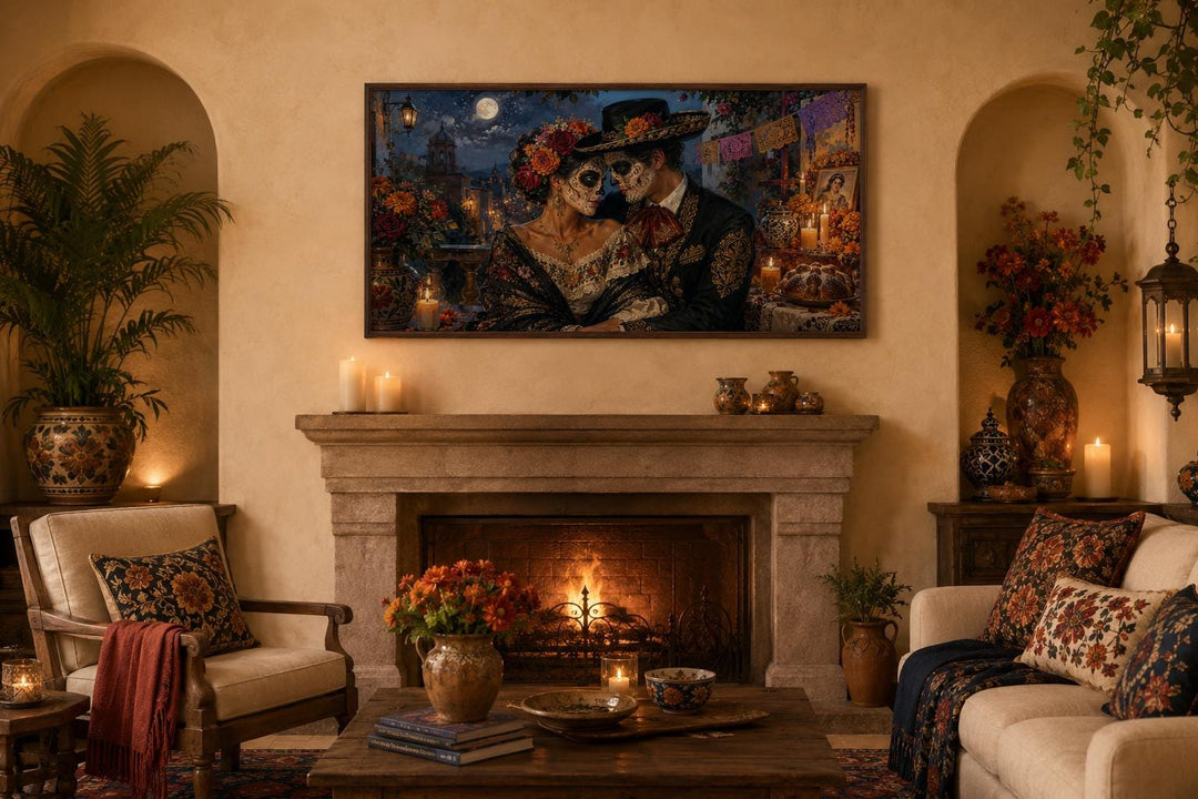 Day of the Dead canvas art of a romantic sugar skull couple above a fireplace in a cozy living room.