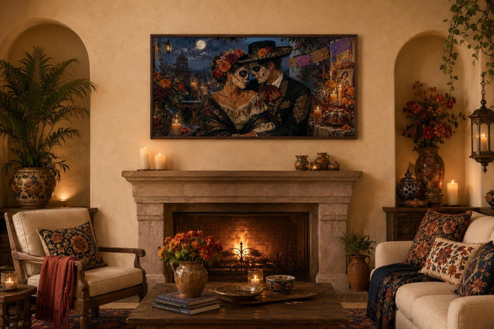 Day of the Dead canvas art of a romantic sugar skull couple above a fireplace in a cozy living room.