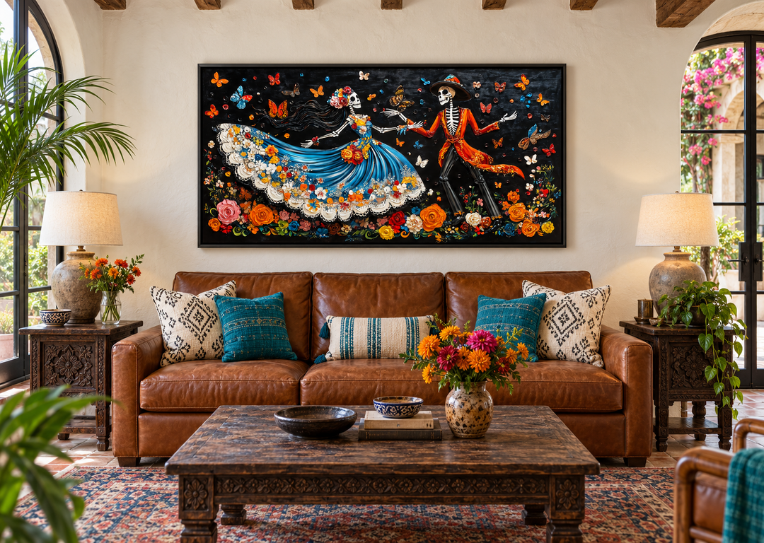 Day of the Dead dancing skeletons canvas wall art above a leather sofa in a rustic living room.