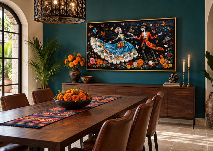 Day of the Dead dancing skeletons canvas wall art above a sideboard in a dark teal dining room.