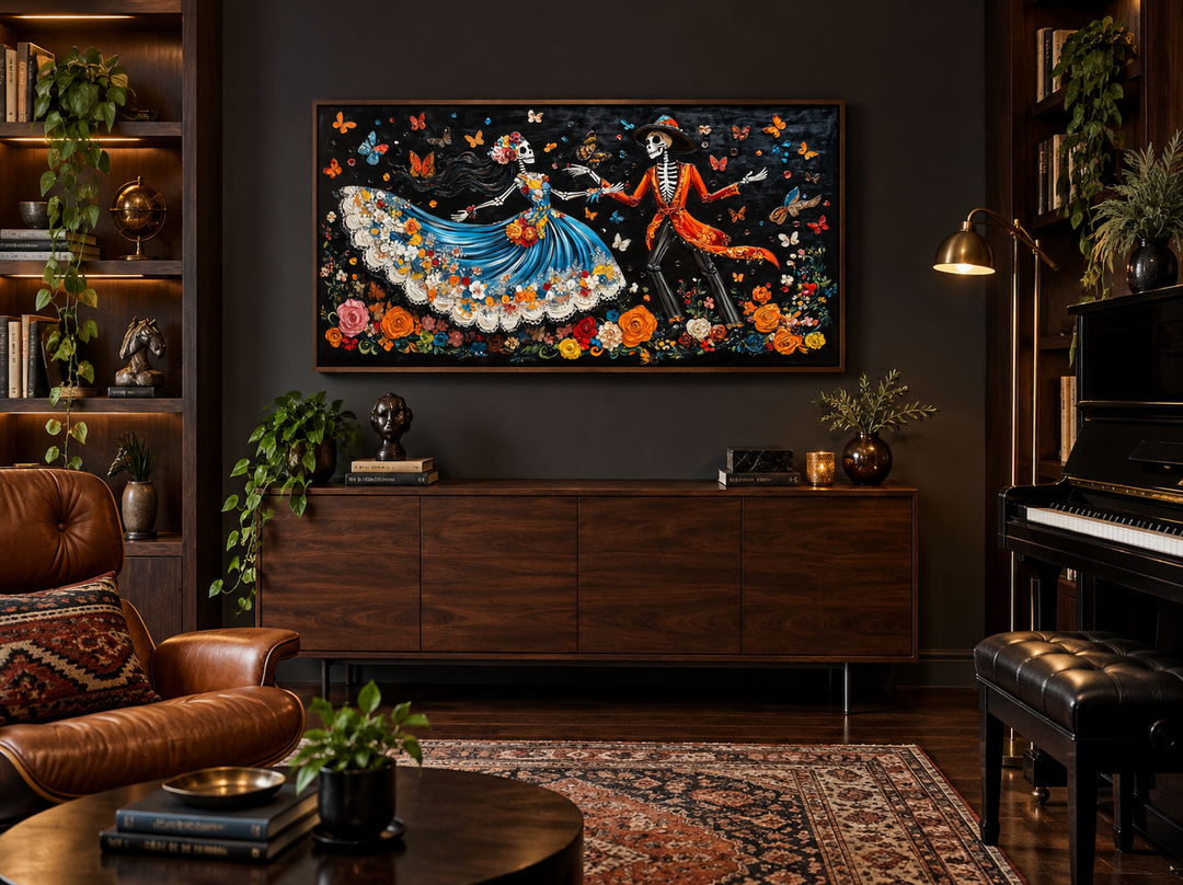 Day of the Dead dancing skeletons canvas wall art above a wooden sideboard in a dark-toned room.