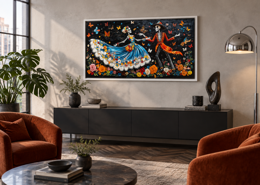Day of the Dead dancing skeletons canvas wall art in a modern living room above a black sideboard.