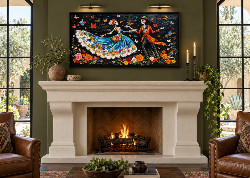 Day of the Dead dancing skeletons canvas wall art above a fireplace in a dark green room.
