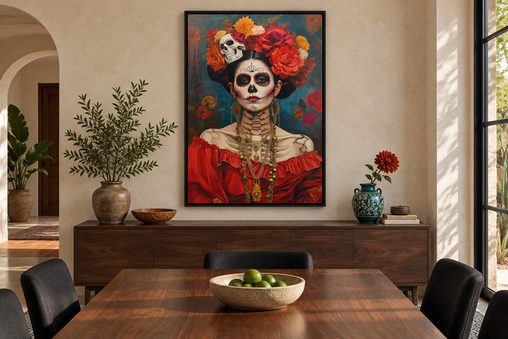 Mexican Day of the Dead woman painting in a black frame above a wooden sideboard in a dining room.