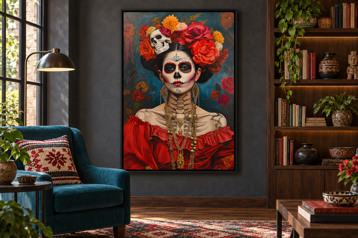 Mexican framed canvas wall art featuring a Day of the Dead woman painting in a library setting.