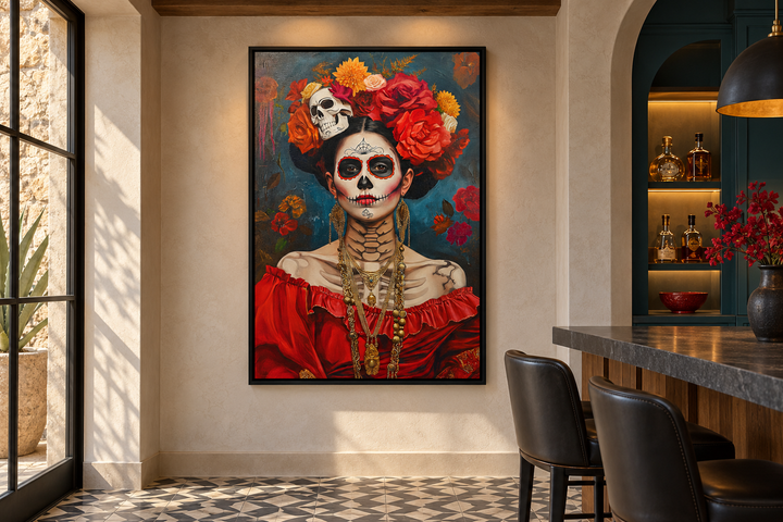 Framed canvas wall art of a Day of the Dead woman in a red dress with a floral skull crown.