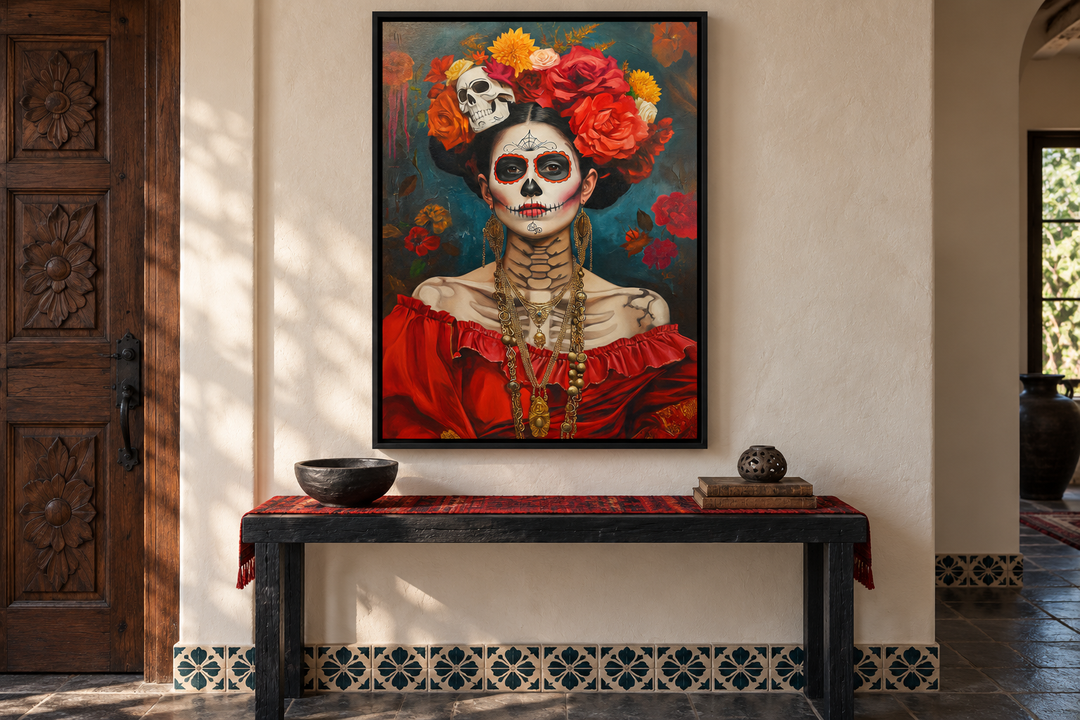 Mexican framed canvas wall art featuring a Day of the Dead woman painting in a red dress.