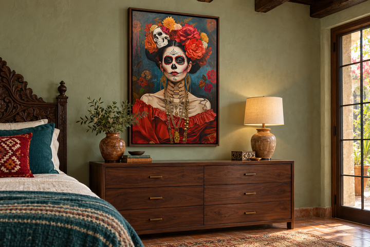 Mexican framed canvas wall art featuring a Day of the Dead woman painting above a wooden dresser.