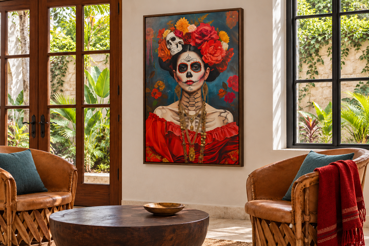 Mexican framed canvas wall art featuring a Day of the Dead woman painting in a living room.