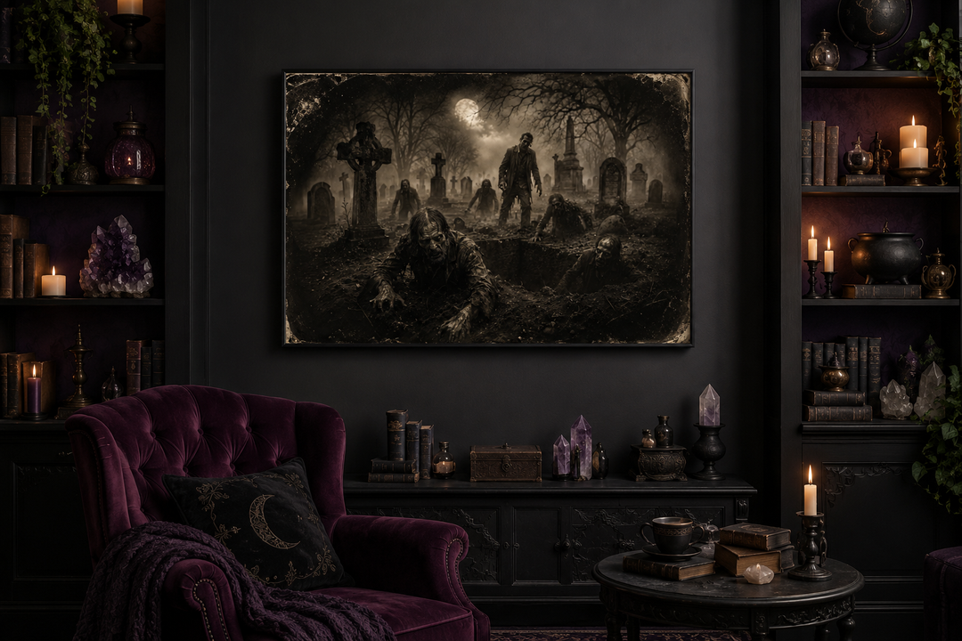 Antique photograph wall art of zombies rising from graves in a cemetery, framed on a dark wall.