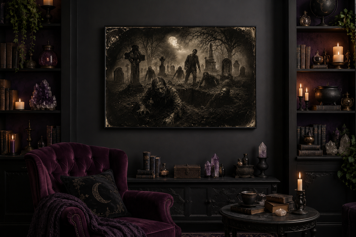 Antique photograph wall art of zombies rising from graves in a cemetery, framed on a dark wall.