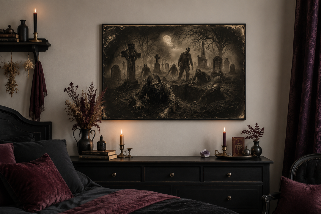 Antique photograph wall art of zombies rising from graves in a misty cemetery above a black dresser.