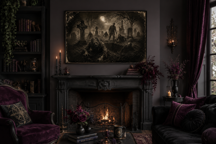 Antique photograph wall art of zombies rising from graves in a cemetery above a fireplace.